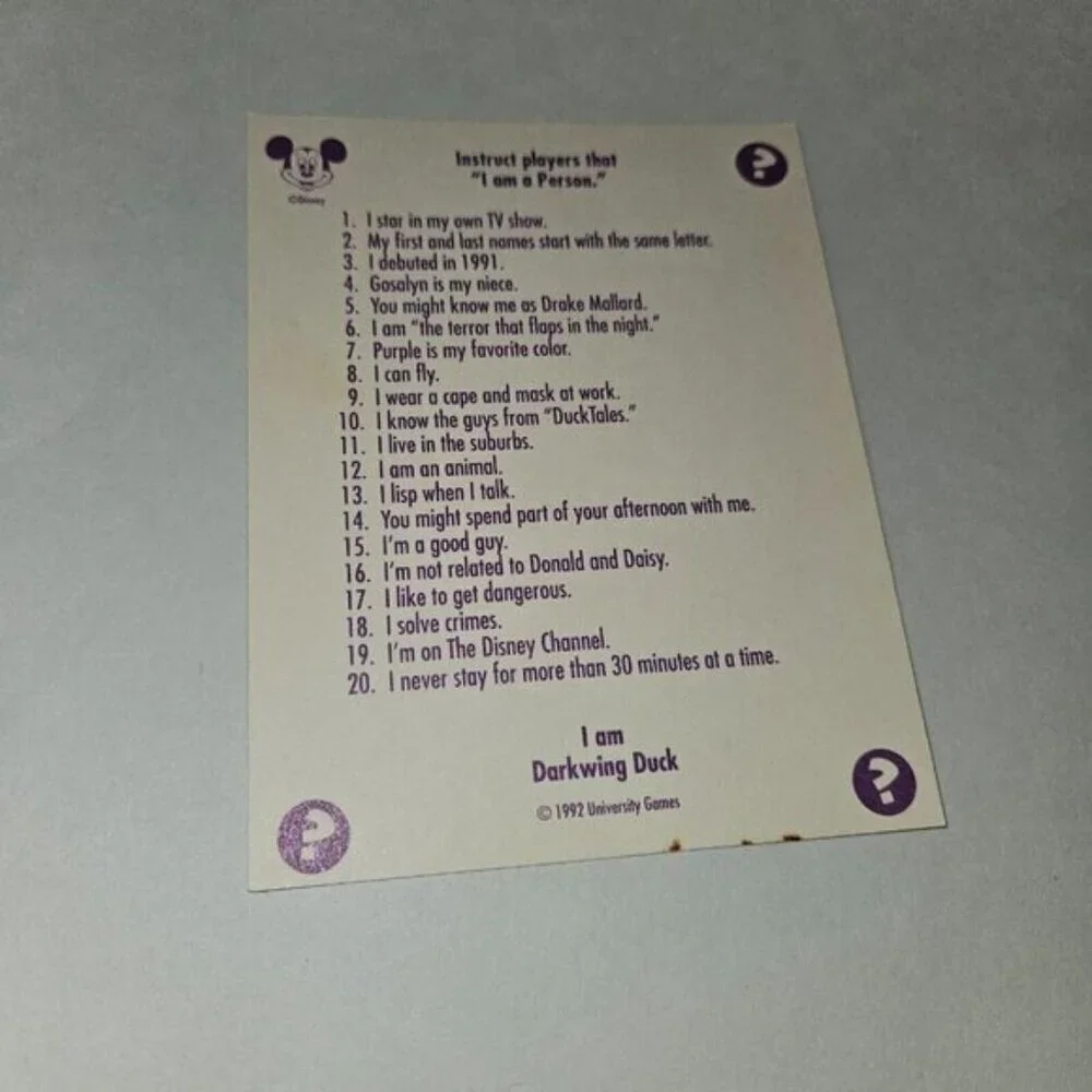 VTG Disney's 20 Questions Guessing Game Cards Characters People Place Thing 1992
